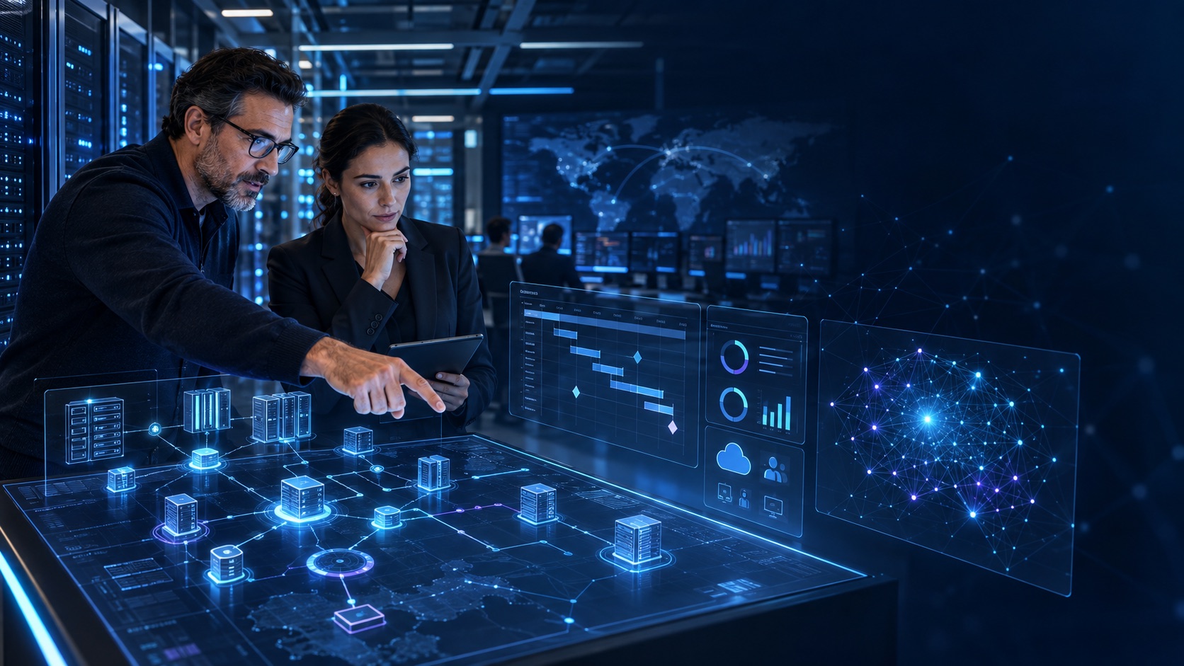 Especialistas revisando infraestructura, indicadores de proyecto y modelos de inteligencia artificial