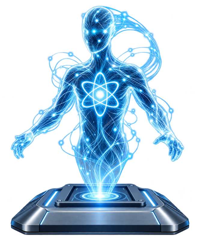 Mascota holográfica de IT&X Consulting representando la conexión entre infraestructura, datos e inteligencia artificial